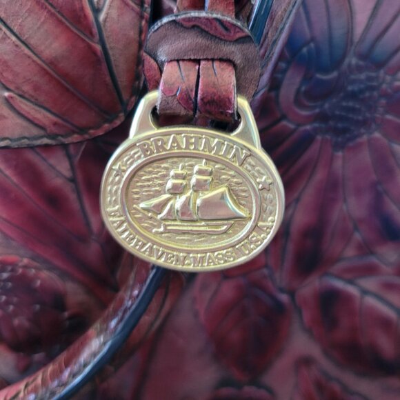 Vintage Brahmin Leather Purse Satchel, Embossed Floral all-over pattern Burgundy - Picture 11 of 16